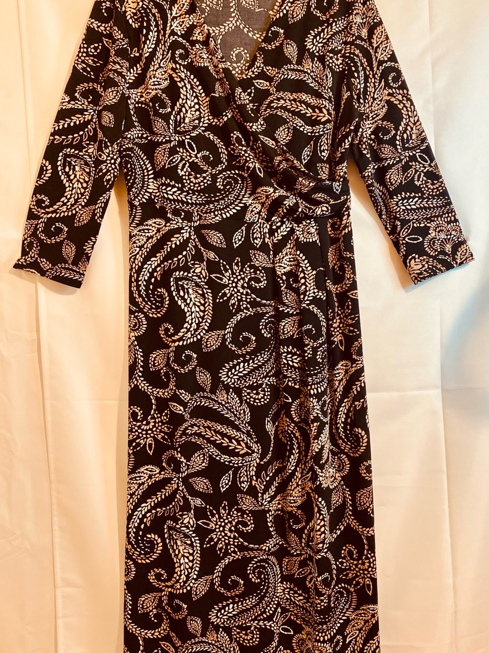 Investments Black and White Paisley Midi Wrap Dress